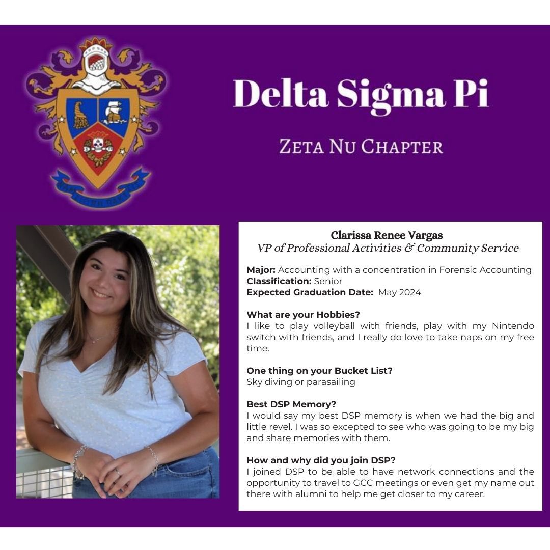 Meet our Vice President of Professional Activities and Community Service : Clarissa Vargas 
.
.
Check out why Clarissa decided to get involved in Delta Sigma Pi.