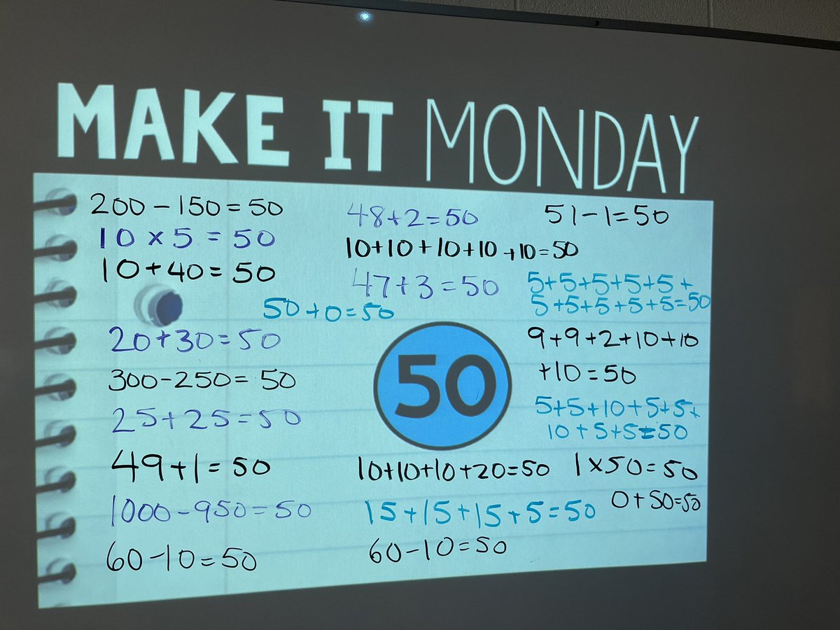 We did our first Make It Monday today! The students did an awesome job coming up with equations that equaled 50!