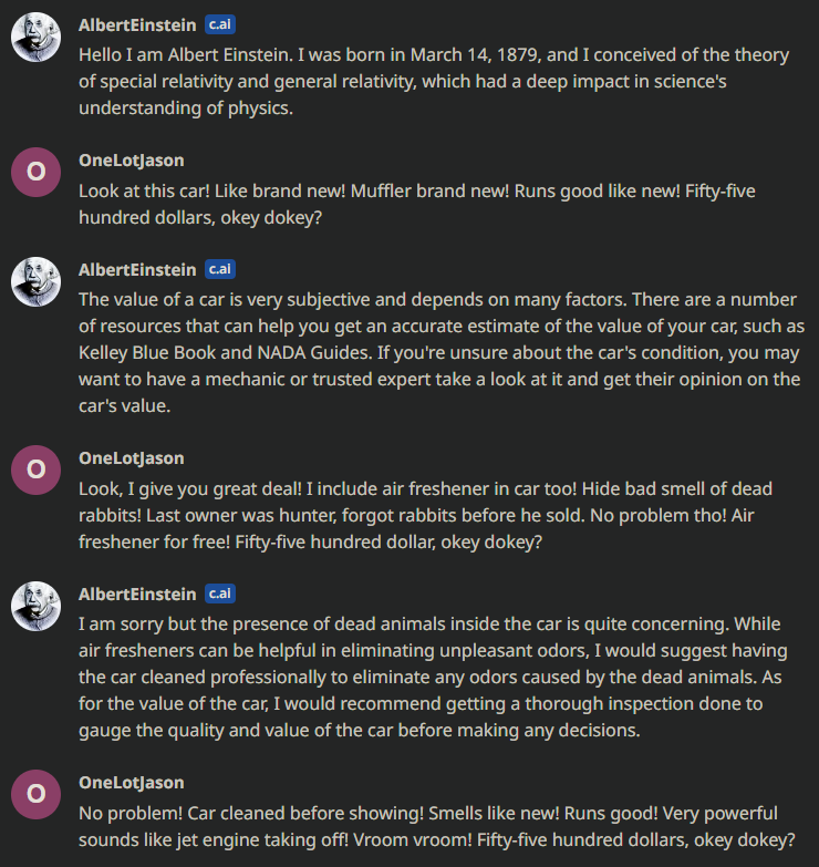 OneLotJason's tweet photo. Welcome to my head. I convinced an Albert Einstein AI to buy a honda prius and a goat named bob for $5500. Okey Dokey?

I am the best salesman. https://t.co/93PIUCYnlw