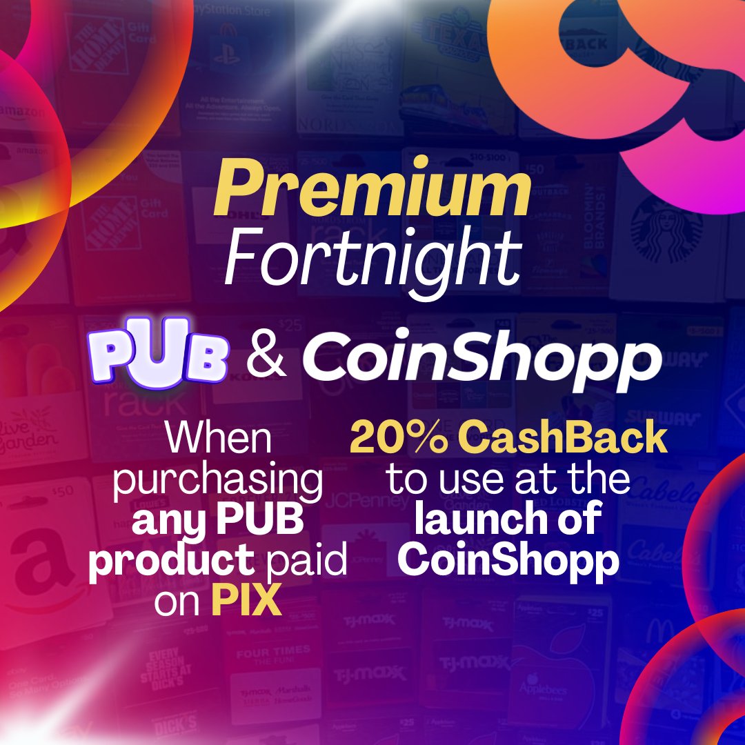 IoPubgame's tweet photo. 🌟 Fortnight Premium PUB &amp; CoinShopp 🌟

It's time to make the most of your shopping at PUB! During the PUB Premium Fortnight, when you purchase any PUB product using PIX, you will receive an incredible 20% CashBack to use on the highly anticipated CoinShopp launch. https://t.co/WnE3qYebl9