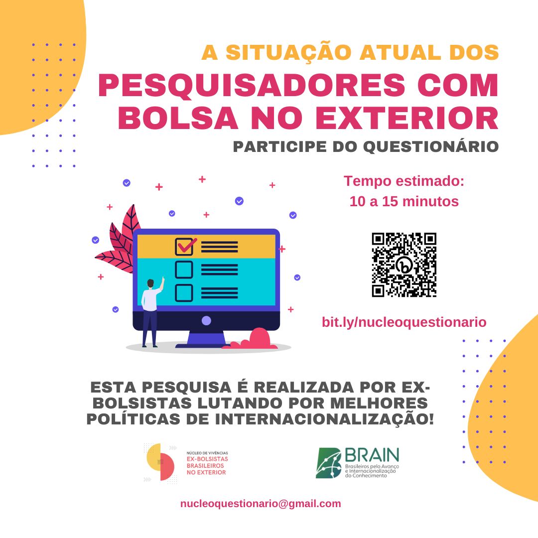 Você é ou foi um bolsista de pós-graduação no exterior? Responda à pesquisa ANÔNIMA e nos ajude a entender melhor a situação das políticas de internacionalização. Assim poderemos nos organizar melhor e lutar por melhores condições! Siga o link: bit.ly/nucleoquestion… +