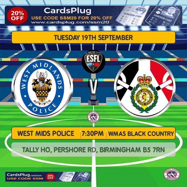 Our first game of the <a href="/ESFL20/">Emergency Services Football League</a> season against <a href="/mids_fc/">WestMidlandsPoliceFc</a> tomorrow night. Rearranged kick off - 7:30pm. <a href="/Motor_Source/">Motor Source Group</a>