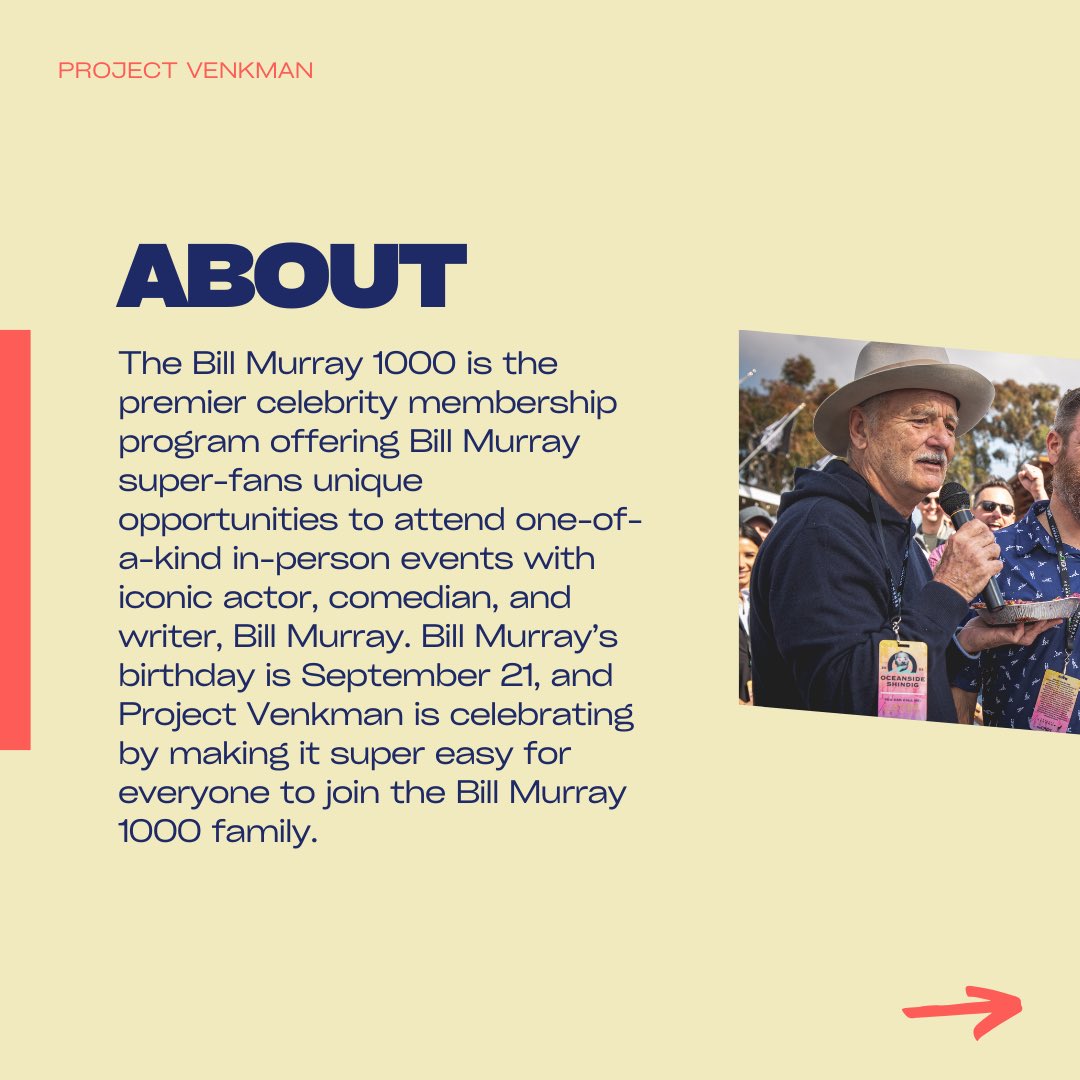 projectvenkman's tweet photo. Are you ready to PARTY with Bill Murray? 🎉 Claim your FREE Bill Murray 1000 membership and you’ll be registered to win a ticket to our next in-person event with Bill! Join Now at: https://t.co/BeDVIzoDxK 

 #BillMurray1000 #ProjectVenkman #JoinTheFun https://t.co/SLNCD0jNB8
