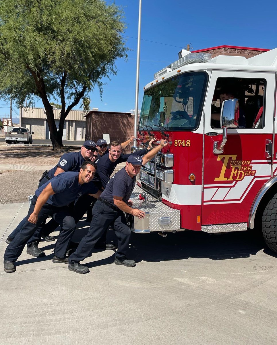 TucsonFireDept's tweet photo. WHO YA GONNA CALL? 🚒💨 Station 4 recently welcomed a brand new Engine 4 to the station - their first call? To the Tucson House, the tallest apartment building in Tucson 🌵Needless to say, the crew is enjoying their new ride 😎 #TucsonFire #Engine4 #Station4 #toocool https://t.co/cp4fQPuckO