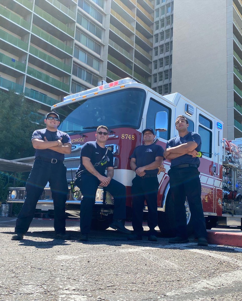 TucsonFireDept's tweet photo. WHO YA GONNA CALL? 🚒💨 Station 4 recently welcomed a brand new Engine 4 to the station - their first call? To the Tucson House, the tallest apartment building in Tucson 🌵Needless to say, the crew is enjoying their new ride 😎 #TucsonFire #Engine4 #Station4 #toocool https://t.co/cp4fQPuckO