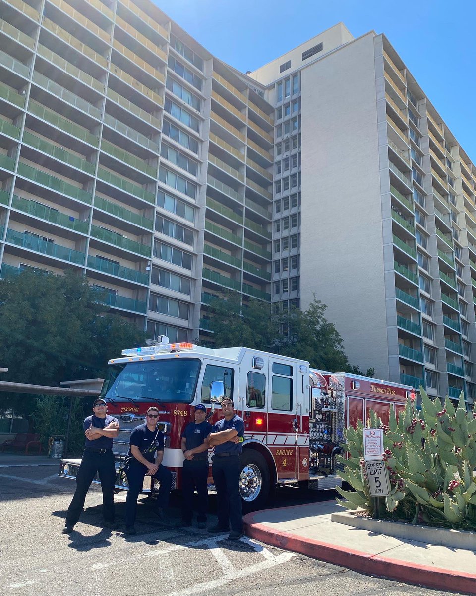 TucsonFireDept's tweet photo. WHO YA GONNA CALL? 🚒💨 Station 4 recently welcomed a brand new Engine 4 to the station - their first call? To the Tucson House, the tallest apartment building in Tucson 🌵Needless to say, the crew is enjoying their new ride 😎 #TucsonFire #Engine4 #Station4 #toocool https://t.co/cp4fQPuckO