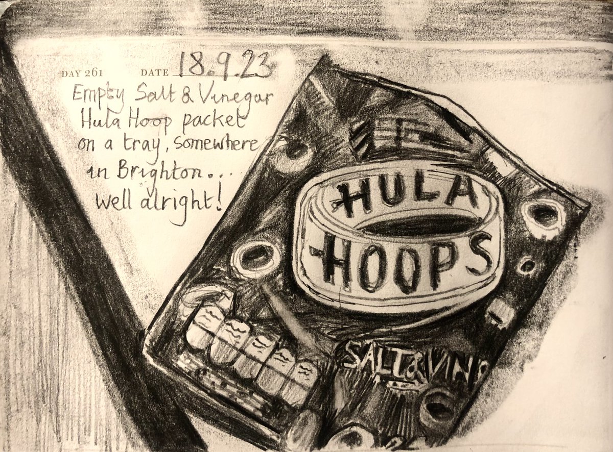 Venster67's tweet photo. One Sketch A Day 18.9.23
‘Empty Salt & Vinegar Hula Hoops packet on a tray, somewhere in Brighton…well alright!’
#hulahoops #emptypacket #snacktime #onesketchaday #sketchbook #visualdiary #art #illustration #pencilsketch https://t.co/Im6YZujUjk