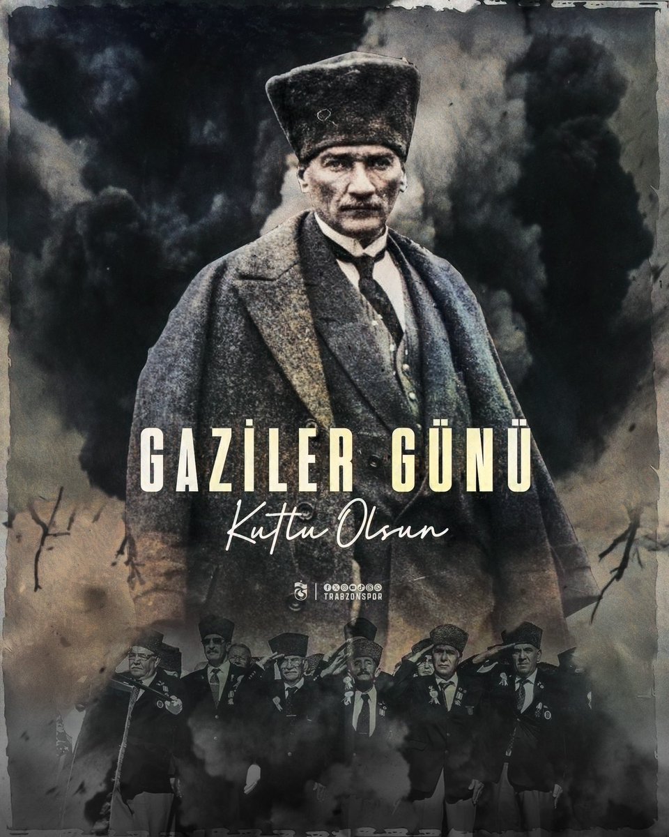 Trabzonspor's tweet photo. "Ölürsek Şehit, kalırsak Gazi oluruz" diyerek vatan müdafaası için canını hiç düşünmeden ortaya koyan kahraman gazilerimizin Gaziler Günü’nü kutluyor, başta Gazi Mustafa Kemal Atatürk olmak üzere tüm gazilerimizi saygı, rahmet ve minnetle anıyoruz. 🇹🇷 https://t.co/OgGTixMhew