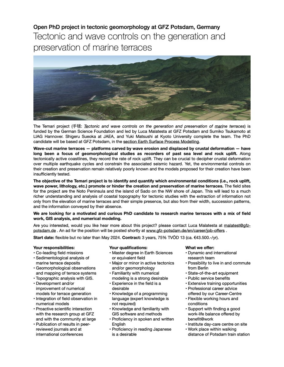 PhD opportunity at <a href="/GFZ_Potsdam/">GFZ</a> to study why and how marine terraces are created and preserved in tectonically active coastal landscapes, with a focus on Japan. Field/num.mod./GIS. Project is co-led with <a href="/SumikoTsukamoto/">Sumiko Tsukamoto</a> . Contact me if you are interested!