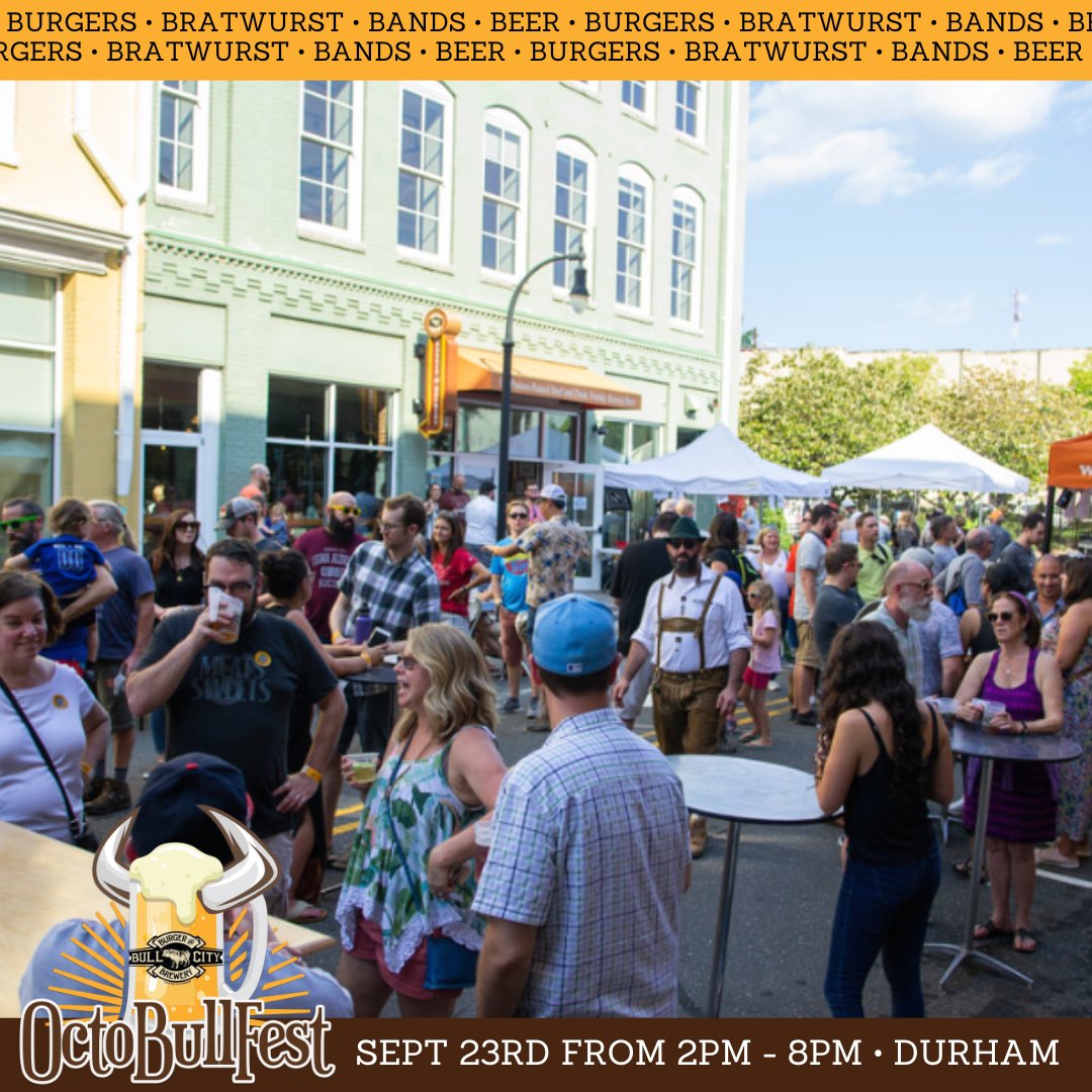 BullCityBurger's tweet photo. 🍔🍺 **OCTOBULLFEST at BULL CITY BURGER AND BREWERY** 🍺🍔

📅 **Date**: Sat, Sept 23  2pm-8pm

**Highlights**:
🎸 2 Live Bands
🎈 Bounce House &amp; @BalloonManMike
🏠 Connect with @durhamhabitat 
🍔 Savory bratwurst &amp; NC beef burgers
🍺 Stierstadt Octoberfest lager on tap https://t.co/goBACUP9yb