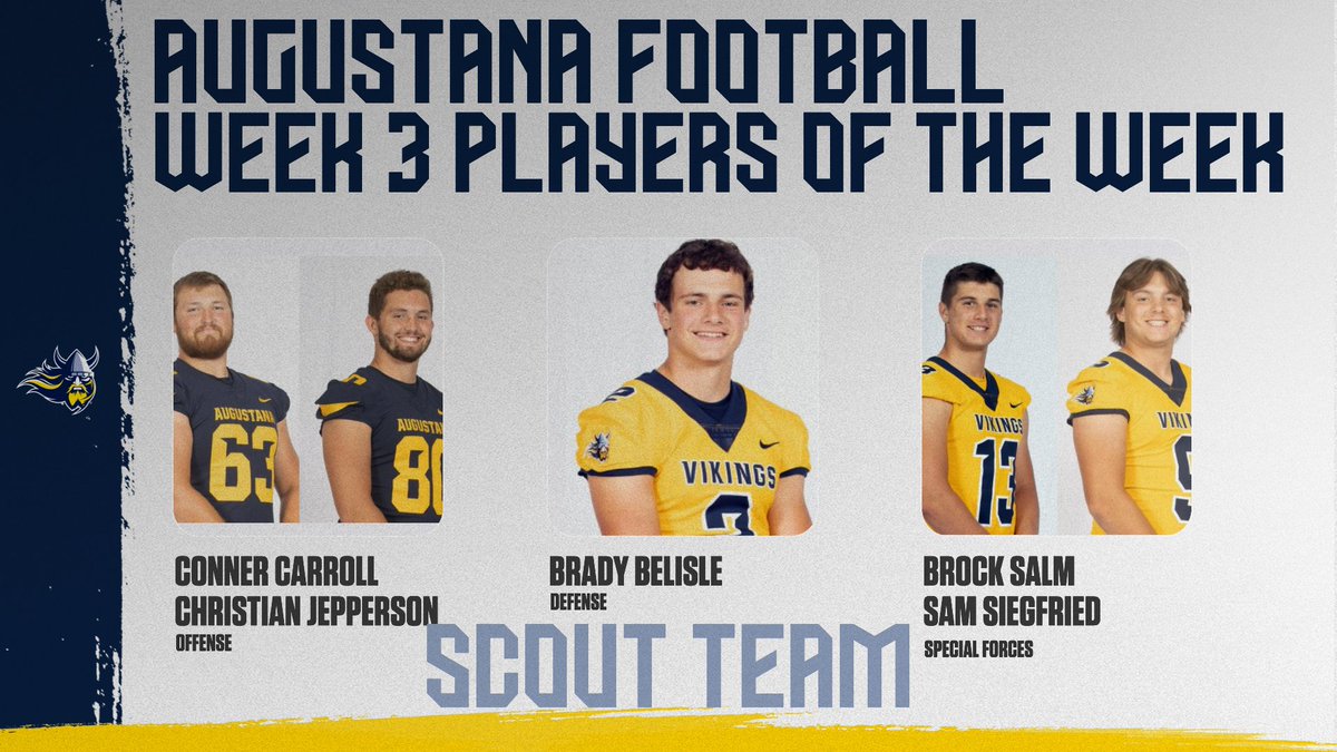 Congratulations to our Scout Players of the Week for Week Three ⚔️ 

🟡<a href="/Conner_AUFB2023/">Conner</a>
🟡<a href="/ChristianJepp11/">Christian Jepperson</a>
🟡<a href="/brady_belisle2/">Brady Belisle</a>
🟡<a href="/BrockSalm/">Brock Salm</a>
🟡<a href="/SamSiegfried1/">Sam Siegfried</a>

#BeTheRock | #BuildingChampions