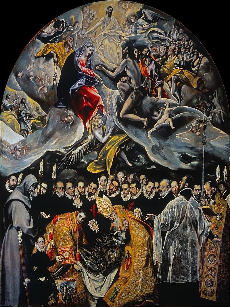Entierro del Conde de Orgaz, por Doménikos Theotokópoulos, el Greco, cuadro de grandes dimensiones, 4´80 x 3´60 metros, obra de estilo manierista realizada entre los años 1586 y 1588, para la parroquia de Santo Tomé de Toledo, esta considerada una de las mejores y más admirada
