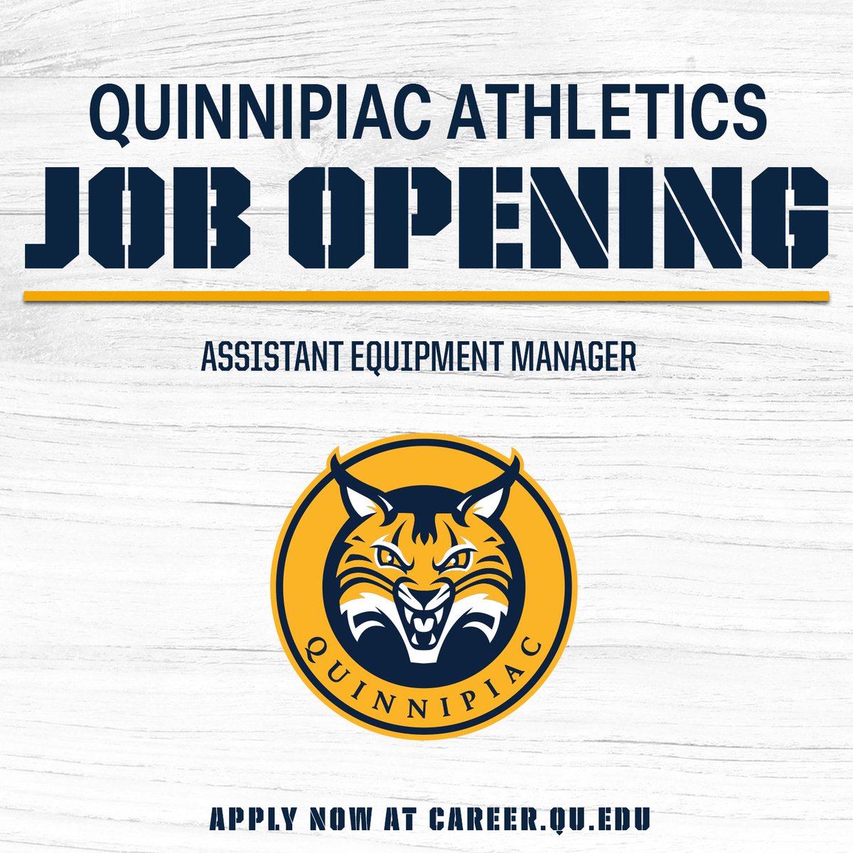 🚨 𝗝𝗢𝗕 𝗢𝗣𝗘𝗡𝗜𝗡𝗚 🚨

Quinnipiac Athletics is hiring an Assistant Equipment Manager.

Apply Now → bit.ly/46iAECY

#BobcatNation