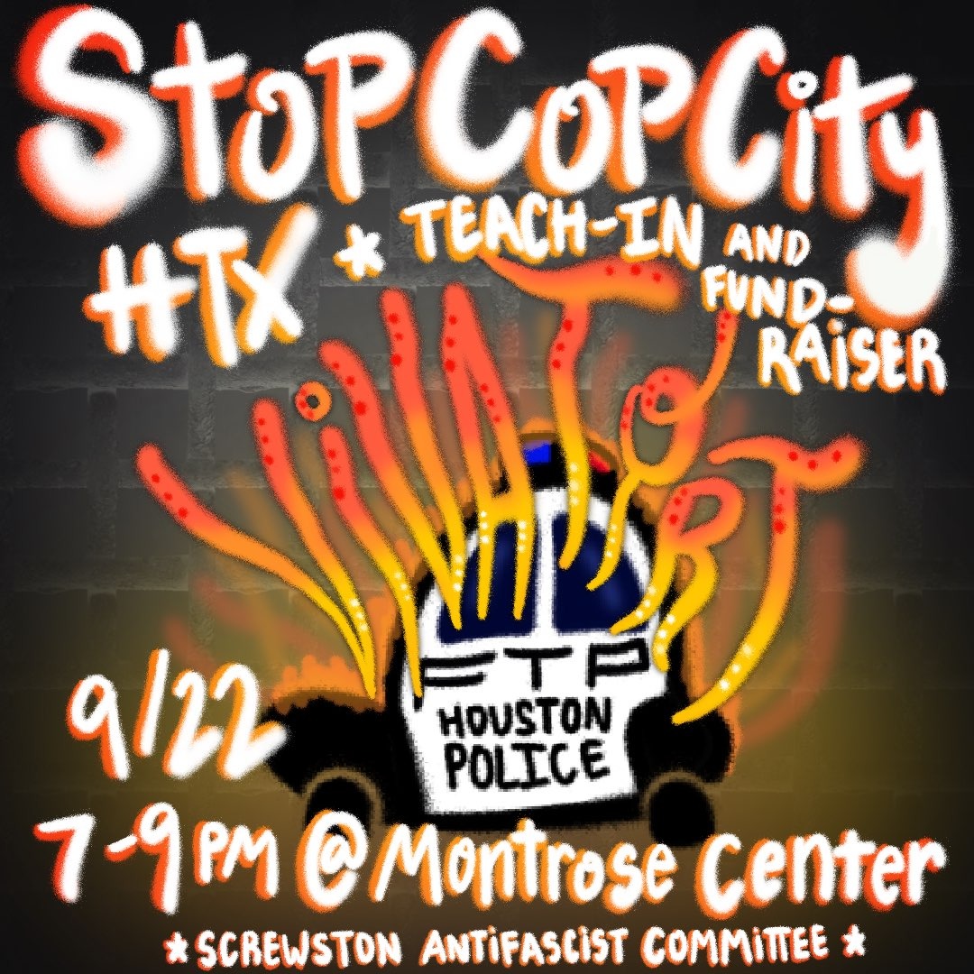 Join us this Friday 9/22 from 7pm - 9pm at the Montrose Center, Room 106, to discuss the struggle against Cop City in Atlanta, Georgia! Donations are encouraged and all proceeds will go to the Atlanta Solidarity Fund. #stopcopcity #ACAB #FTP #htx
