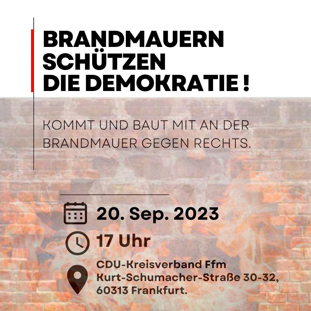 Wir bauen die #Brandmauer gegen rechts!

Durch die Hintertür lässt die #CDU einer gesichert rechtsextremen AFD, Raum politisch in Thüringen mitzuspielen.

Mittwoch., 20.09.23, 17 Uhr
vor der CDU-Zentrale, 
Kurt-Schumacher-Straße 30-32
#Frankfurt #NoAfD #NoCDU #FFM #ffm2009
