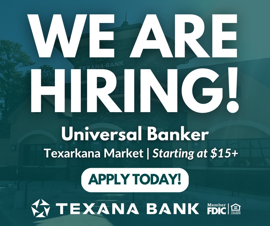 texanabank's tweet photo. NOW HIRING | Join our Texana Bank team.
Starting pay is $15+
Apply Today: https://t.co/II2fEiyj19

Do you know someone who should apply?
Tag them in the comments!

Texana Bank is an Equal Opportunity Employer: https://t.co/5yr7anewYy https://t.co/Bx44uGhmLf