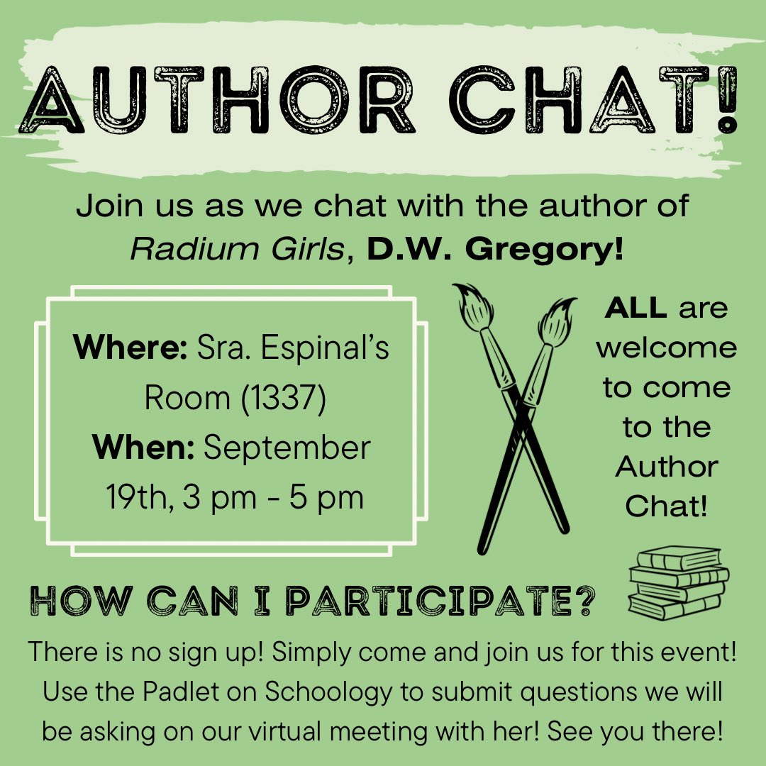 We are so excited to be talking with the author of “Radium Girls,” D.W. Gregory!! You don’t want to miss this amazing opportunity to learn more about the story, the writing process, the inspiration, and so much more!⏱️💚 We hope to see you there!