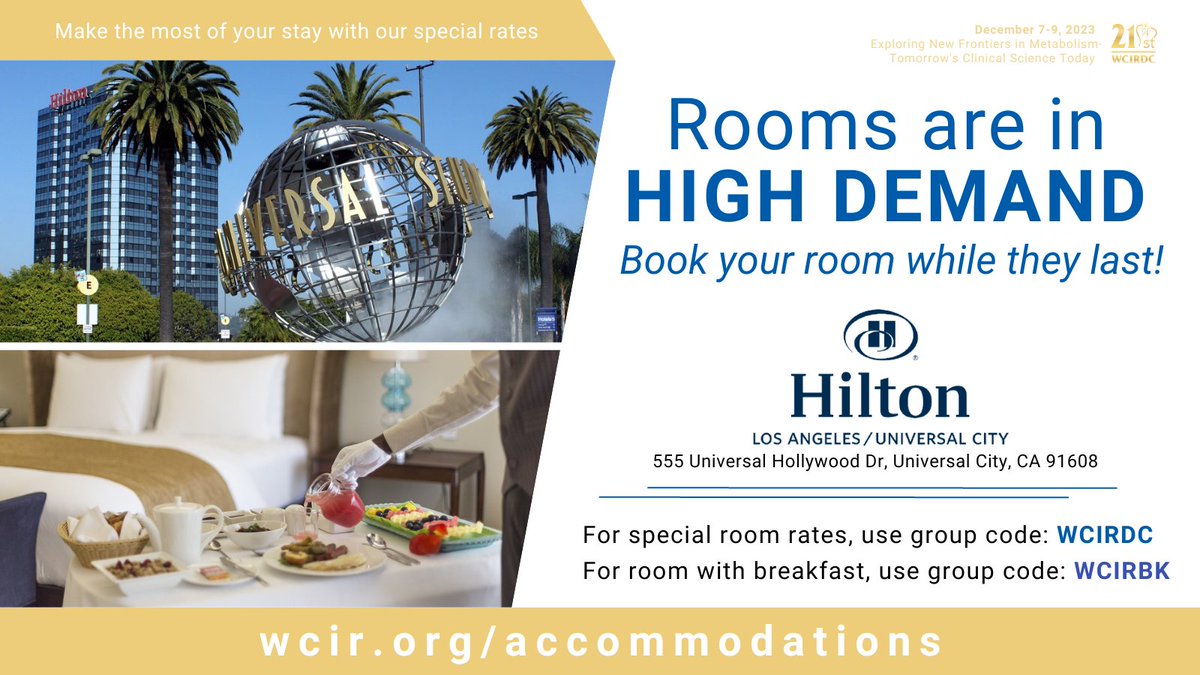 Enjoy the same special rate, even with breakfast included! Due to the high demand for the 21st @WCIRDC, our room block at the @HiltonUniversal is filling up rapidly, and our special rate is subject to availability. Act now and book your stay today at wcir.org/accommodations #CME