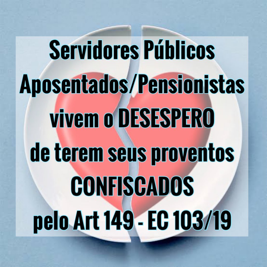Carmem Ribeiri (@carmemribs) on Twitter photo Os servidores Aposentados têm o direito a receber suas aposentadorias, pois dedicaram mais de 30 anos de serviço a sociedade. Pedem a revogação do artigo 149 da EC 103/19 que confisca seus proventos de aposentadoria
<a href="/camaradeputados/">Câmara dos Deputados</a> Tarcisio de Freitas SOS
#TrairamAposentados Os servidores Aposentados têm o direito a receber suas aposentadorias, pois dedicaram mais de 30 anos de serviço a sociedade. Pedem a revogação do artigo 149 da EC 103/19 que confisca seus proventos de aposentadoria
<a href="/camaradeputados/">Câmara dos Deputados</a> Tarcisio de Freitas SOS
#TrairamAposentados