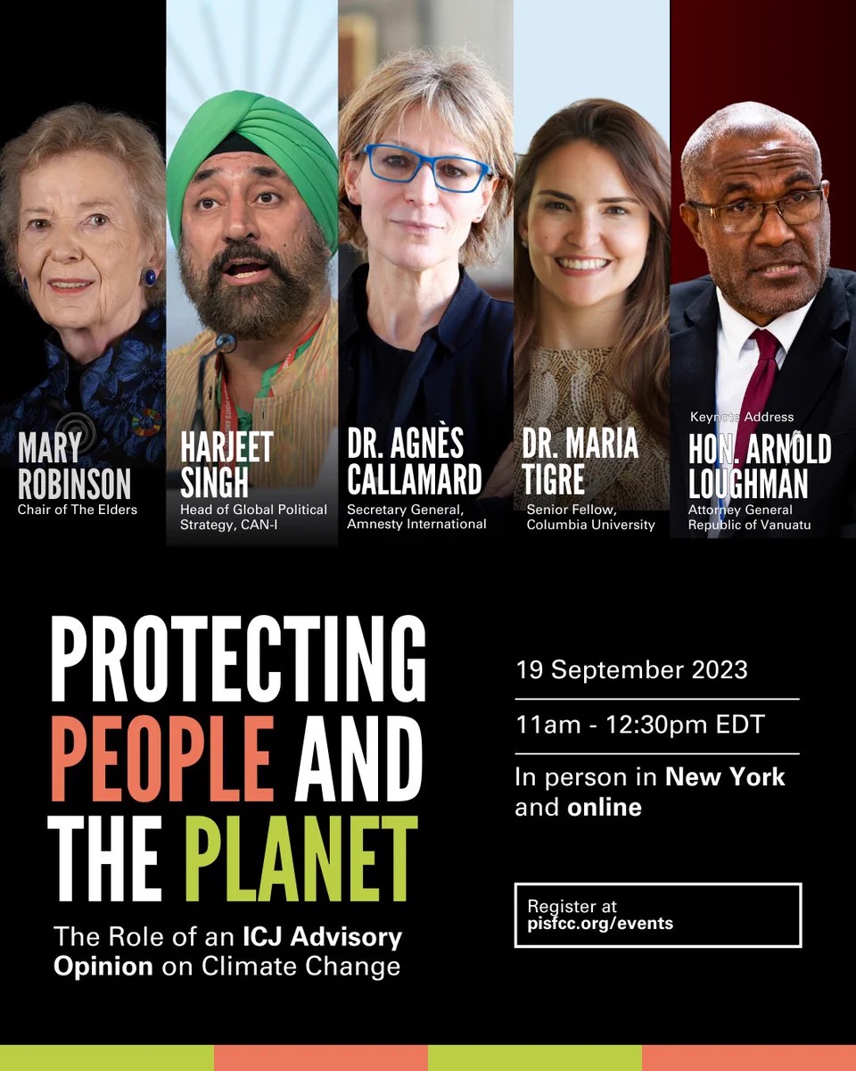 📢 Event Alert

Join us for NY Climate Week for a high level event on the power and potential of the  #ICJAO4Climate in the fight against the #ClimateCrisis.

🗓️ 19 Sep 2023
⌛️11am EDT
📍New York

Register online and in person: pisfcc.org/events

#ClimateEmergency #UNGA