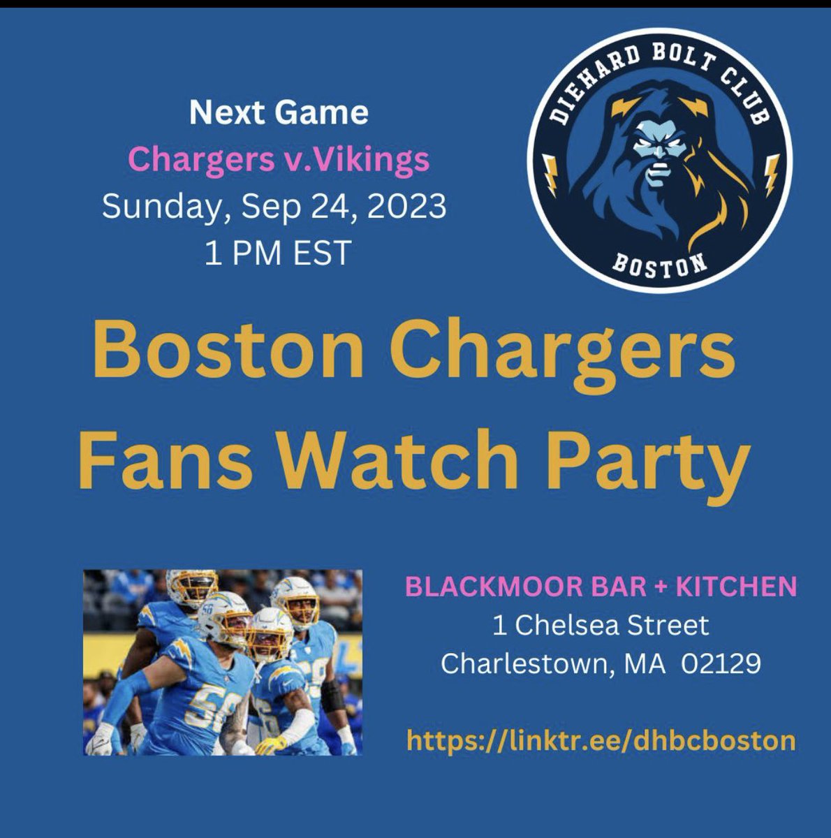 diehardboltclub's tweet photo. Hey #BoltFam in the New England vicinity. Our brand new chapter @dhbcboston is hosting it’s first ever watch party! They will have a private room with the game sound piped in! All @chargers fans welcome! Join your fellow fans for this epic event and as always #BoltUp 💪💪⚡️⚡️ https://t.co/GoMJO5ZAvl