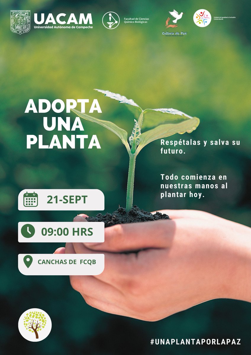 Adopta una planta.
La <a href="/UAC_FCQB/">UAC - FCQB</a>  en coordinación con la Unidad de Igualdad e Inclusión Universitaria invita a la comunidad universitaria a la actividad "Adopta una planta" en el marco del Día Mundial de la Paz.
21 de septiembre de 2023, 9:00h, Cancha de la FCQB
#UnaPlantaPorLaPaz
