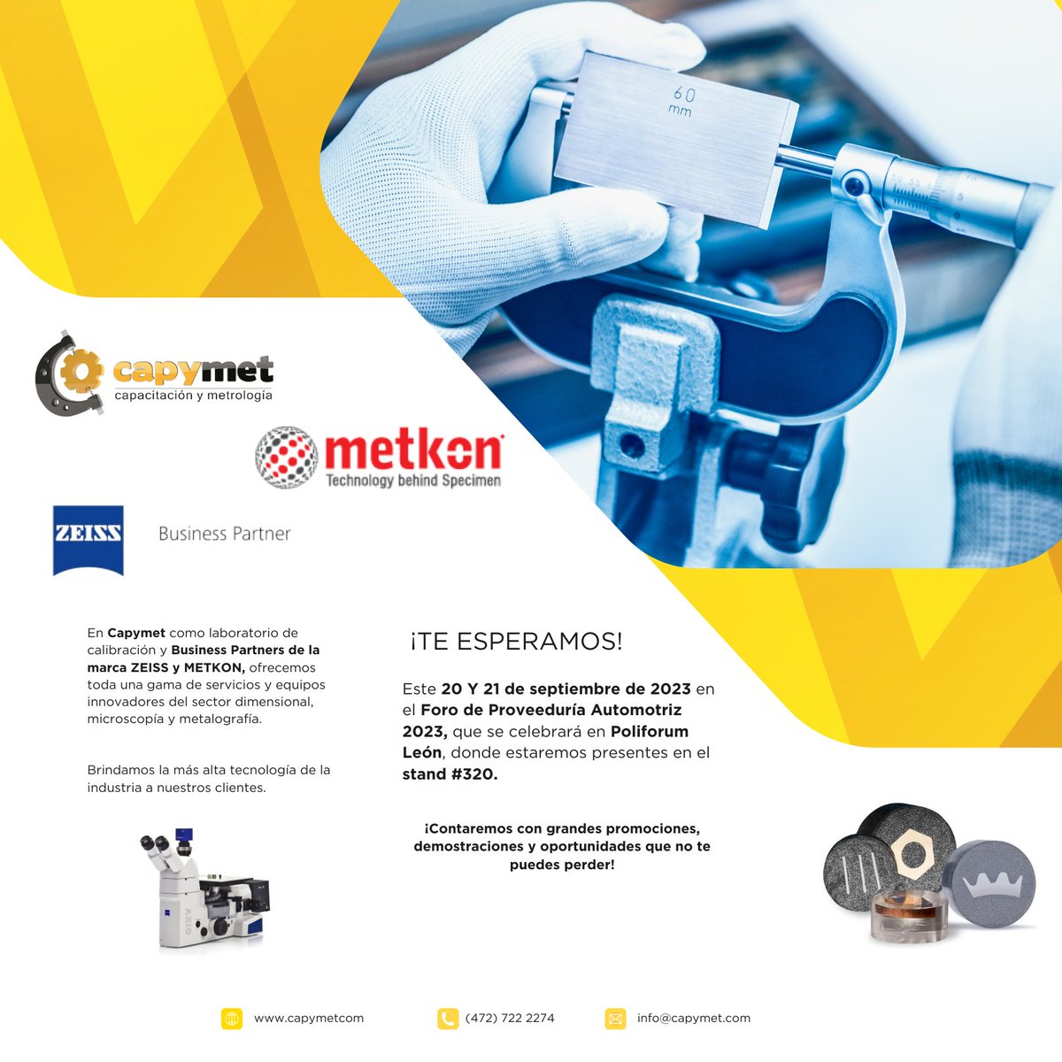 Acompáñanos en el Foro de Proveeduría Automotriz 2023.
Estaremos compartiendo demostraciones e información sobre todos los servicios y equipos que manejamos en nuestro sector. Estaremos presentes en el stand #320

TE ESPERAMOS!!

Polifórum León
 info@capymet.com
 472 722 2274