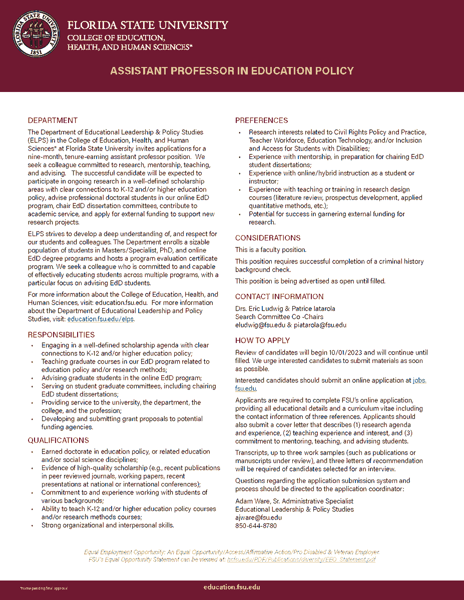 Come work with us in <a href="/fsu_elps/">FSU ELPS</a>! We are now hiring for an Assistant Professor in Education Policy. I am co-chairing this committee with the wonderful <a href="/piatarola/">Patrice Iatarola</a>. If you have any questions, send them our way!