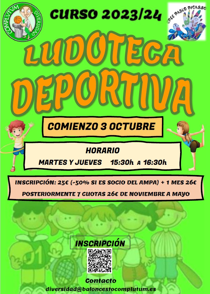 ¡Seguimos! Comienza el periodo de inscripción para la escuela de ludoteca deportiva en el CPEE Pablo Picasso.

Corre a reservar a tu plaza. 

Más información e inscripción en el código QR o en el siguiente link --&gt; baloncestocomplutum.es/Pablo-Picasso/

🏀🏀🏀