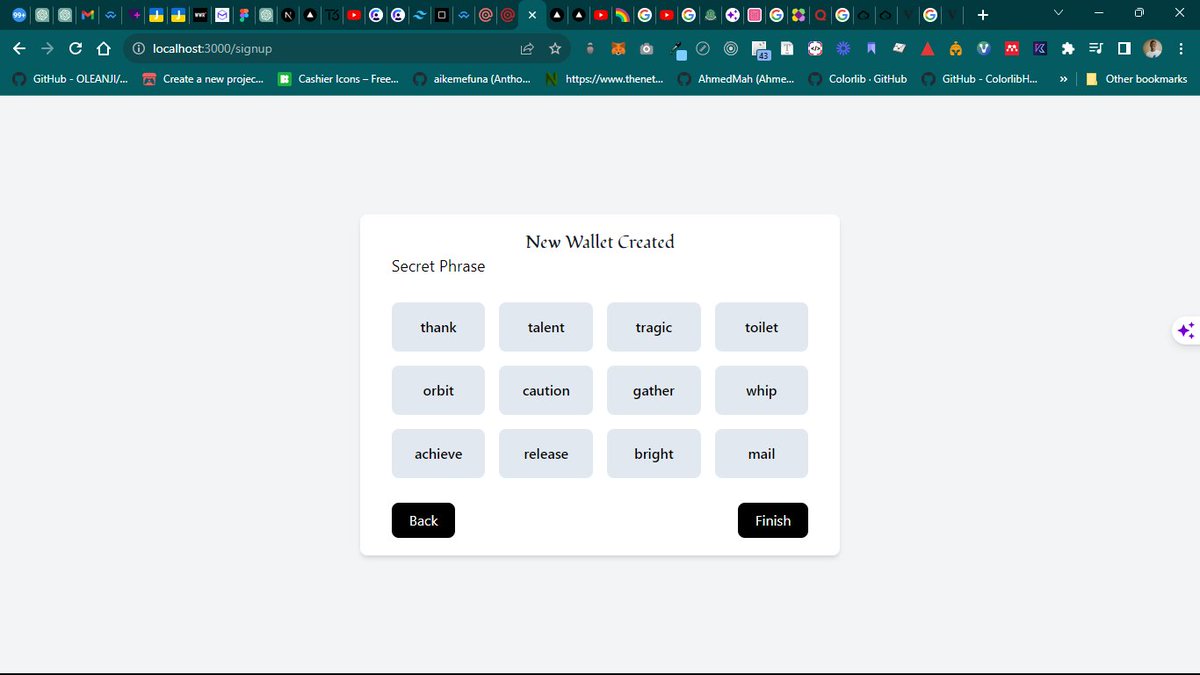 Oleanji_sol's tweet image. Working on my building 🛠 in public series till I land a job.
Today's Update ✨️💻:
- Finished the sign up page
- Fixed deployment issue
- Watched a video on use Context in react
- Built a multistep form
- New wallet step using #etherjs
- Linking the pages.