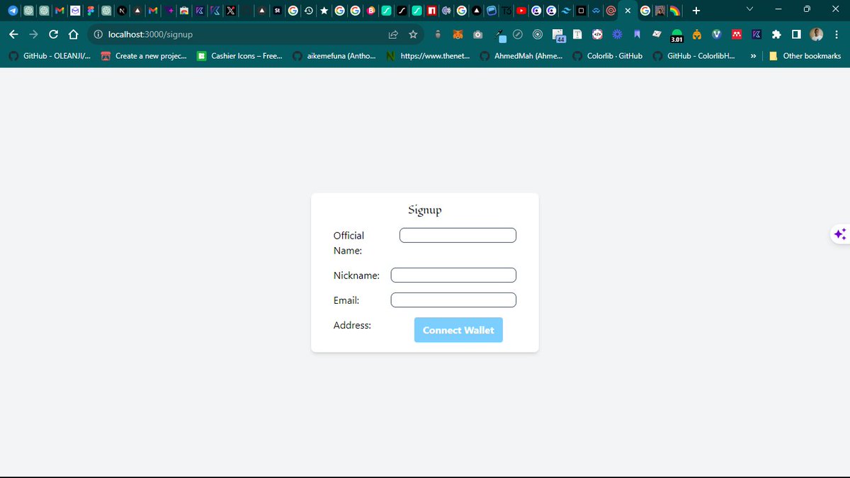 Oleanji_sol's tweet image. Working on my building 🛠 in public series till I land a job.
Today's Update ✨️💻:
- Finished the sign up page
- Fixed deployment issue
- Watched a video on use Context in react
- Built a multistep form
- New wallet step using #etherjs
- Linking the pages.