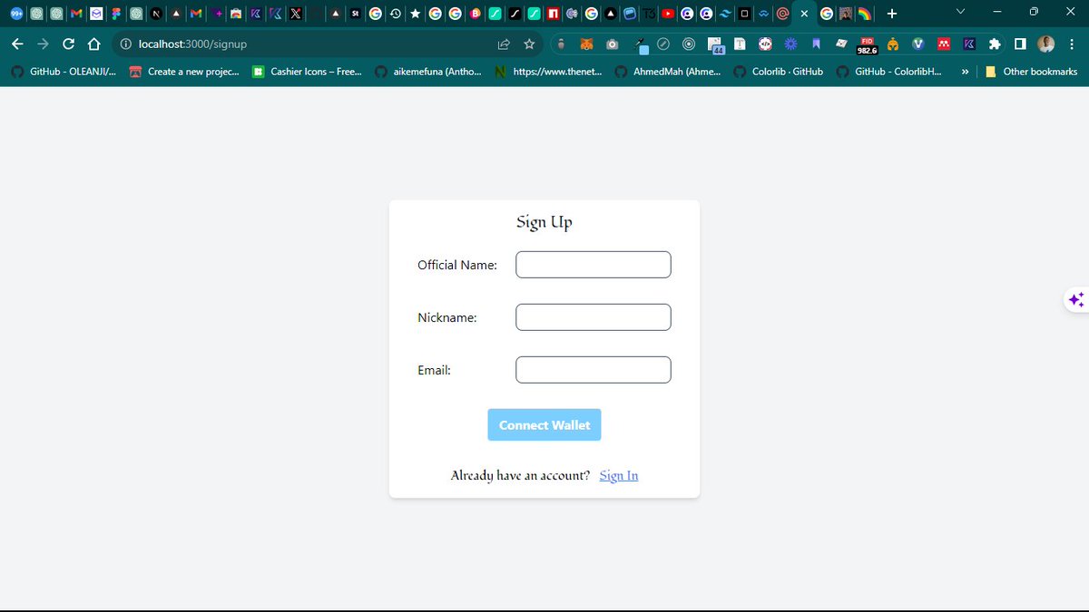 Oleanji_sol's tweet image. Working on my building 🛠 in public series till I land a job.
Today's Update ✨️💻:
- Finished the sign up page
- Fixed deployment issue
- Watched a video on use Context in react
- Built a multistep form
- New wallet step using #etherjs
- Linking the pages.