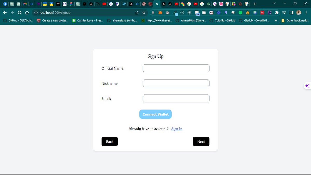 Oleanji_sol's tweet image. Working on my building 🛠 in public series till I land a job.
Today's Update ✨️💻:
- Finished the sign up page
- Fixed deployment issue
- Watched a video on use Context in react
- Built a multistep form
- New wallet step using #etherjs
- Linking the pages.