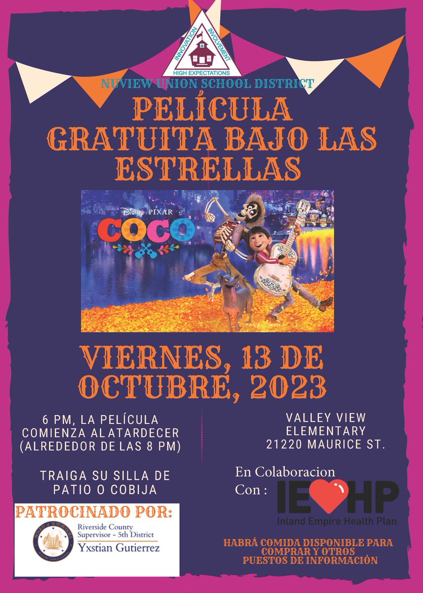 NUSDnews's tweet photo. Our next community movie night is on October 13 at Valley View Elementary School. Please join us for an evening of fun and watch Coco with your friends and family! We hope to see you there! https://t.co/AnyvcER7EP
