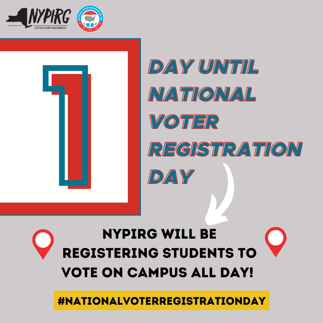 NYPIRG_CSI's tweet photo. Celebrate democracy by registering to vote on #NationalVoterRegistrationDay, TOMORROW Sept 19. We're registering voters all day at the Campus Center, building 1C. Stop by to register to vote, or volunteer! #VoteReady https://t.co/GaeZ5diHEE