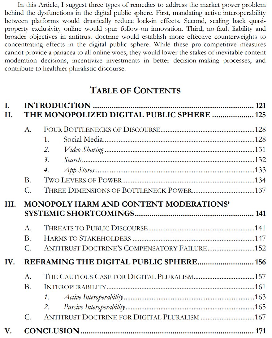 My latest: Moderating Monopolies. TLDR: Industrial organization and content moderation are inextricably linked: monopolized but unregulated communication infrastructure deteriorates public discourse. papers.ssrn.com/sol3/papers.cf…
