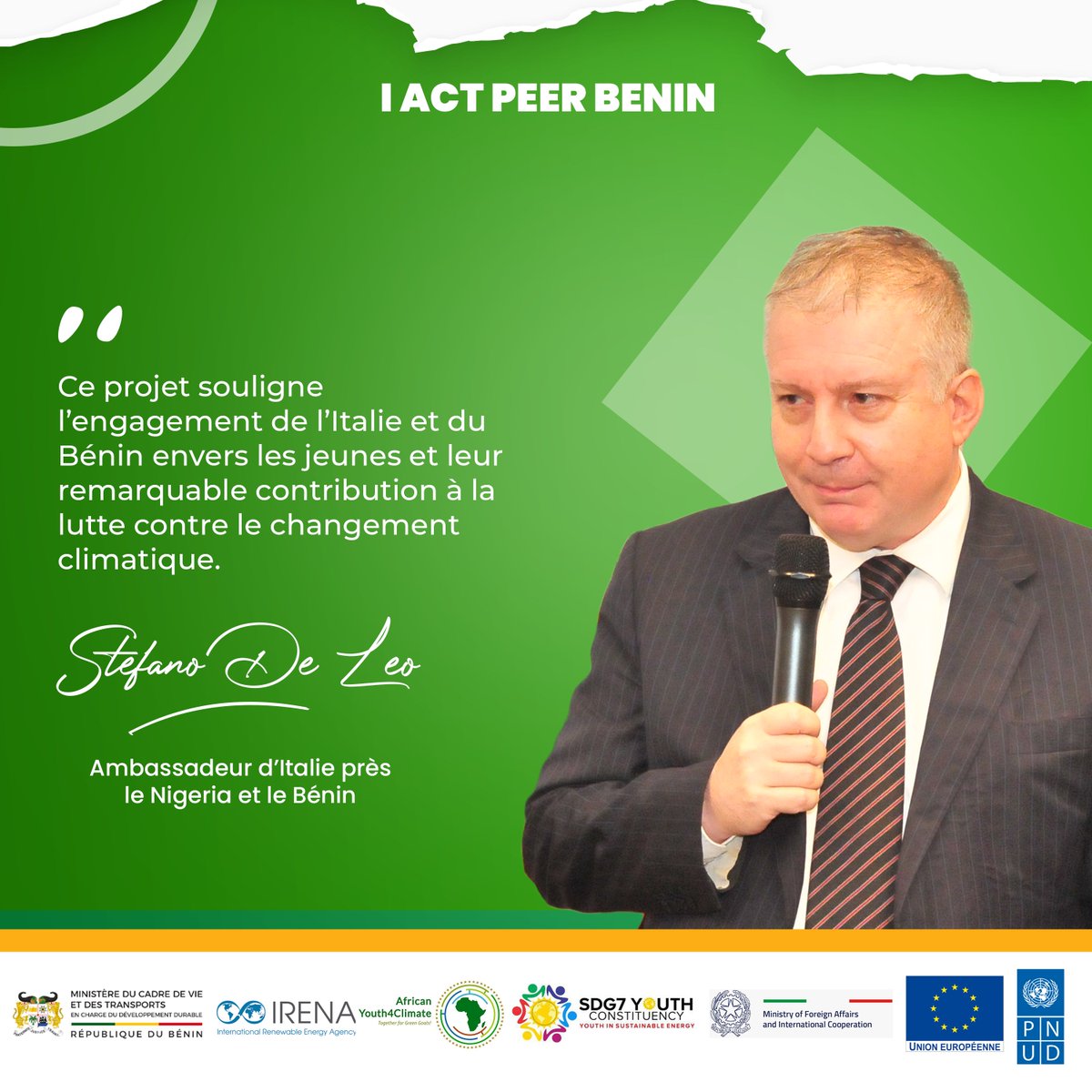 PNUDBenin's tweet photo. "Ce projet souligne l’engagement de l’Italie et du Bénin envers les jeunes et leur remarquable contribution à la lutte contre le changement climatique ."- SEM Stefano De Leo, Ambassadeur d’Italie 🇮🇹 près le Nigeria et le Bénin

#IActBenin #Youth4Climate #ActionClimatique https://t.co/PHbiRP0rkJ