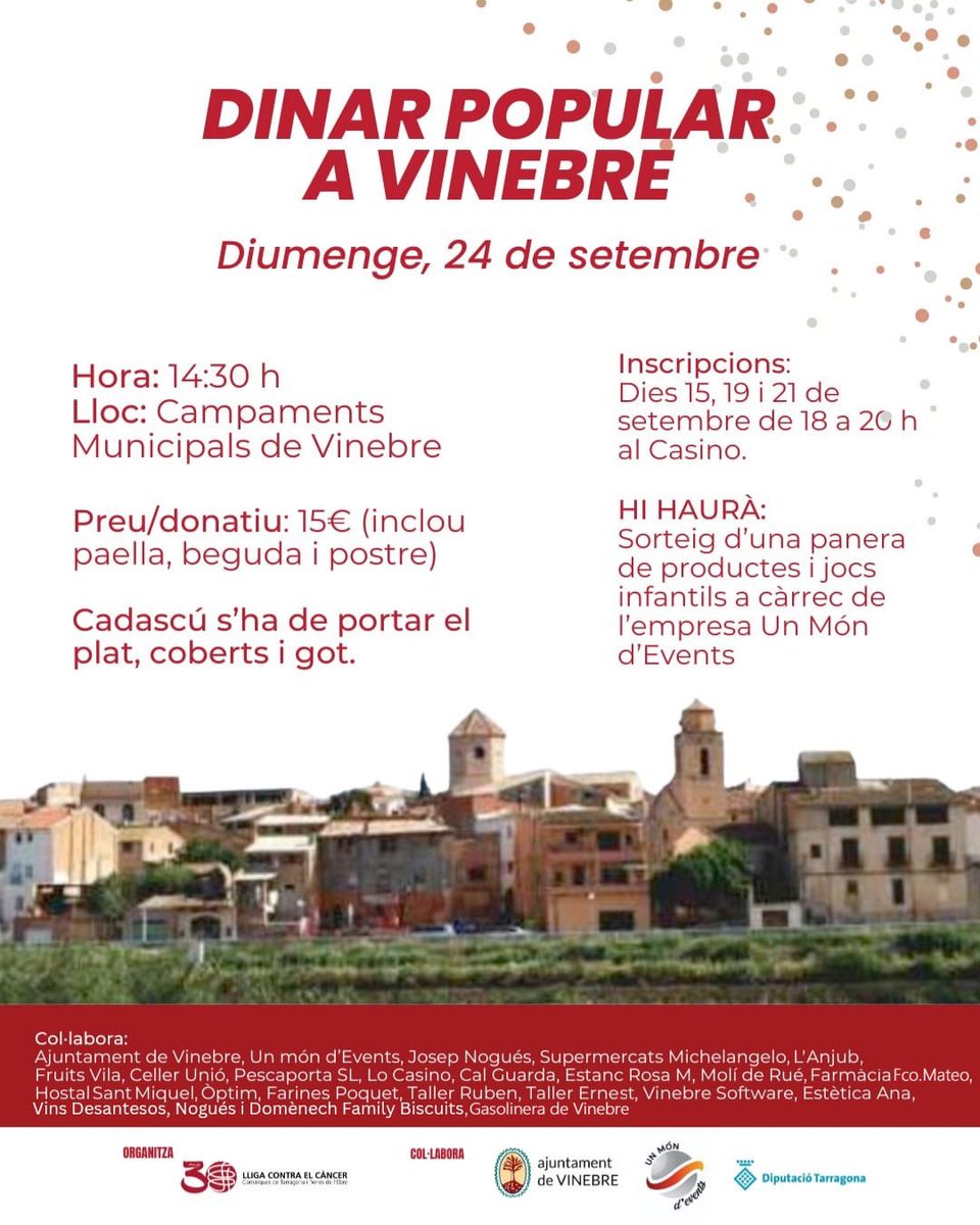 Aquest proper diumenge no falteu al dinar popular que s’ha preparar a Vinebre a benefici de la Lliga😍. Mireu tot el que farem!🫶🏻🙌