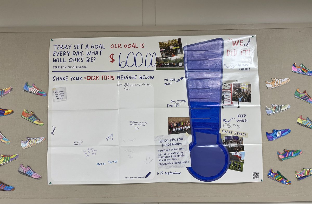 Our amazing community has more than doubled our goal of raising $2/student for the <a href="/TerryFoxCanada/">Terry Fox Foundation</a>.  Mme Henrion and Mme Meister’s classes are currently in the lead to win the prize for raising the most. ALL classes have earned a bonus recess next week. Bravo les Mustangs!