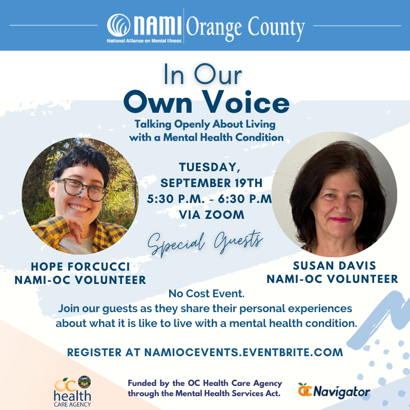 NAMIOC's tweet photo. Don't miss out on our enlightening In Our Own Voice presentation with guest speakers Hope Forcucci & Susan Davis on September 19th via Zoom!
Register for this no-cost event on Eventbrite through the link in our bio! (https://t.co/muHWVerK5f)
#NAMI #mentalhealth #IOOV #notalone https://t.co/SBJmtodgt3