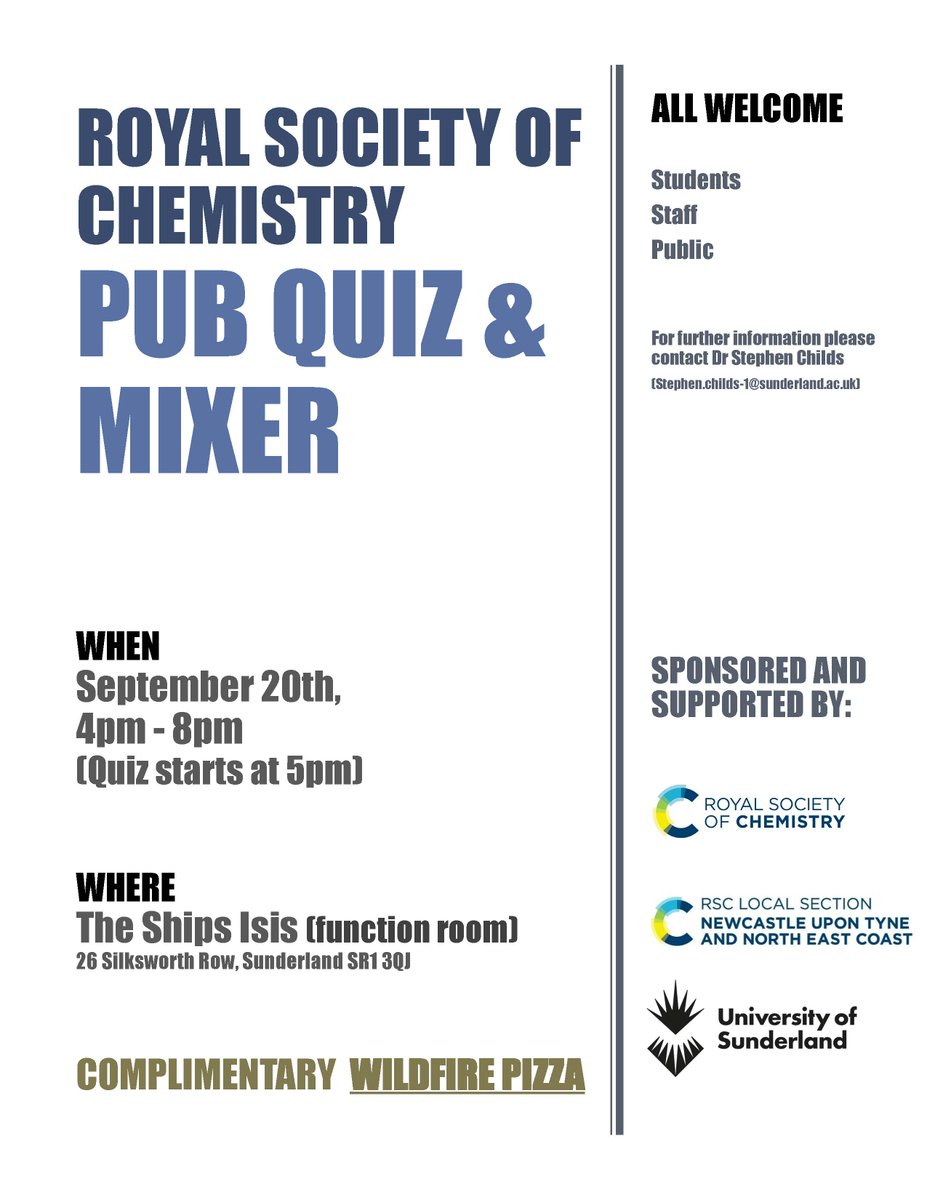 EVERYONE is welcome! RSC FRESHER WEEK PUB QUIZ. 🥼🧪🍻🍕open to staffs, current students and the public to socialise with our team and local representatives! Quiz start at 5pm Wednesday 20th Sep 2023 #pharmaceuticalsciences #freshersweek #sunderlanduni #RSC #chemistrypubquiz