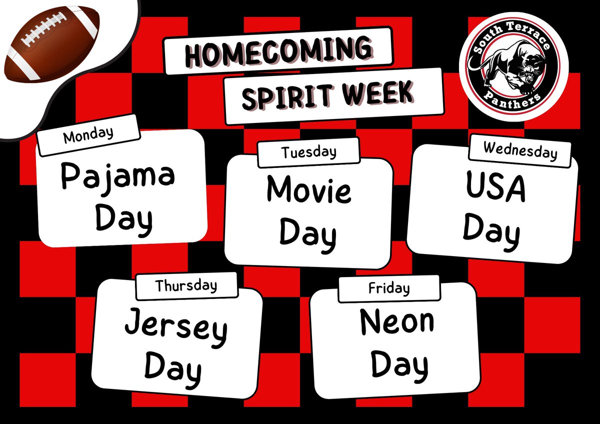 SouthTerraceElm's tweet photo. Homecoming is next week and our Panthers are SO excited to cheer on their Vikings for a VICTORY!  Let’s see your school spirit next week! 🖤❤️🐾🏈🏆 https://t.co/Jji1eqDjml