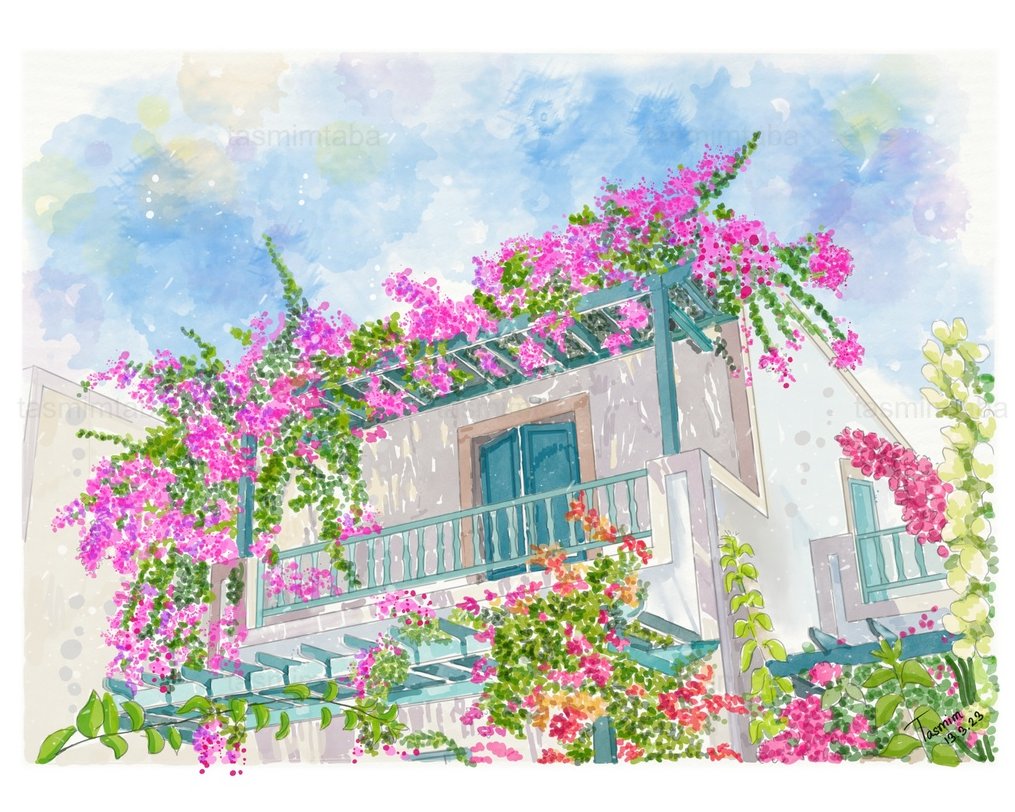 A beautiful residence with a Bougainvillea tree.
This was created for my personal room décor. 

Check out my gig on Fiverr fiverr.com/share/8eyKDo

#watercolor  #sketch  #House #portrait