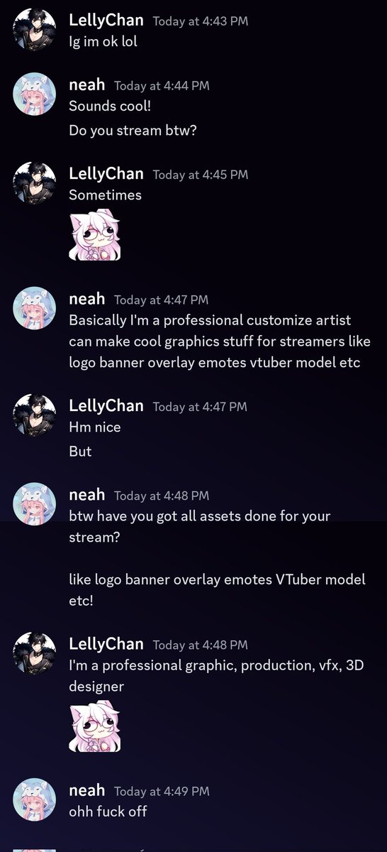 Lellycon's tweet photo. I love these scammers so much 🤣

They entertain me because I AM an actual Graphic Designer.
*note* for potential clients try not to say fuck off since that's bad customer service. That's basic designer skills 101 🥴 https://t.co/h7z23PGmKL