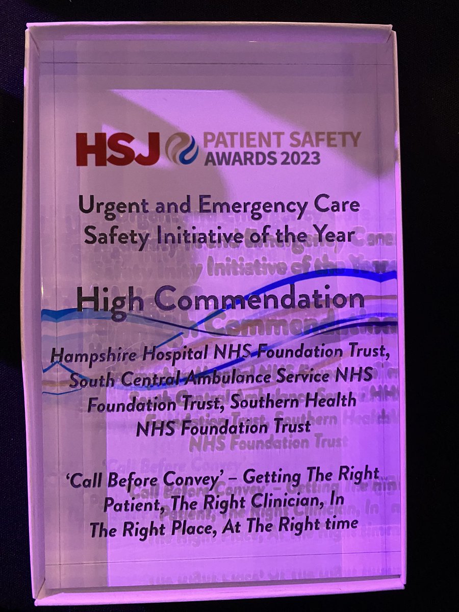 Wendy Stonehouse (@wendystnhse) on Twitter photo Great night celebrating the #HSJ Patient Safety Awards with <a href="/HHFTnhs/">Hampshire Hospitals</a> . In the Urgent & Emergency Care category, ‘Call before Convey’ - Getting the right patient, the right clinician, in the right place, at the right time initiative was awarded Highly Commended <a href="/SCAS999/">South Central Ambulance Service</a> Great night celebrating the #HSJ Patient Safety Awards with <a href="/HHFTnhs/">Hampshire Hospitals</a> . In the Urgent & Emergency Care category, ‘Call before Convey’ - Getting the right patient, the right clinician, in the right place, at the right time initiative was awarded Highly Commended <a href="/SCAS999/">South Central Ambulance Service</a>