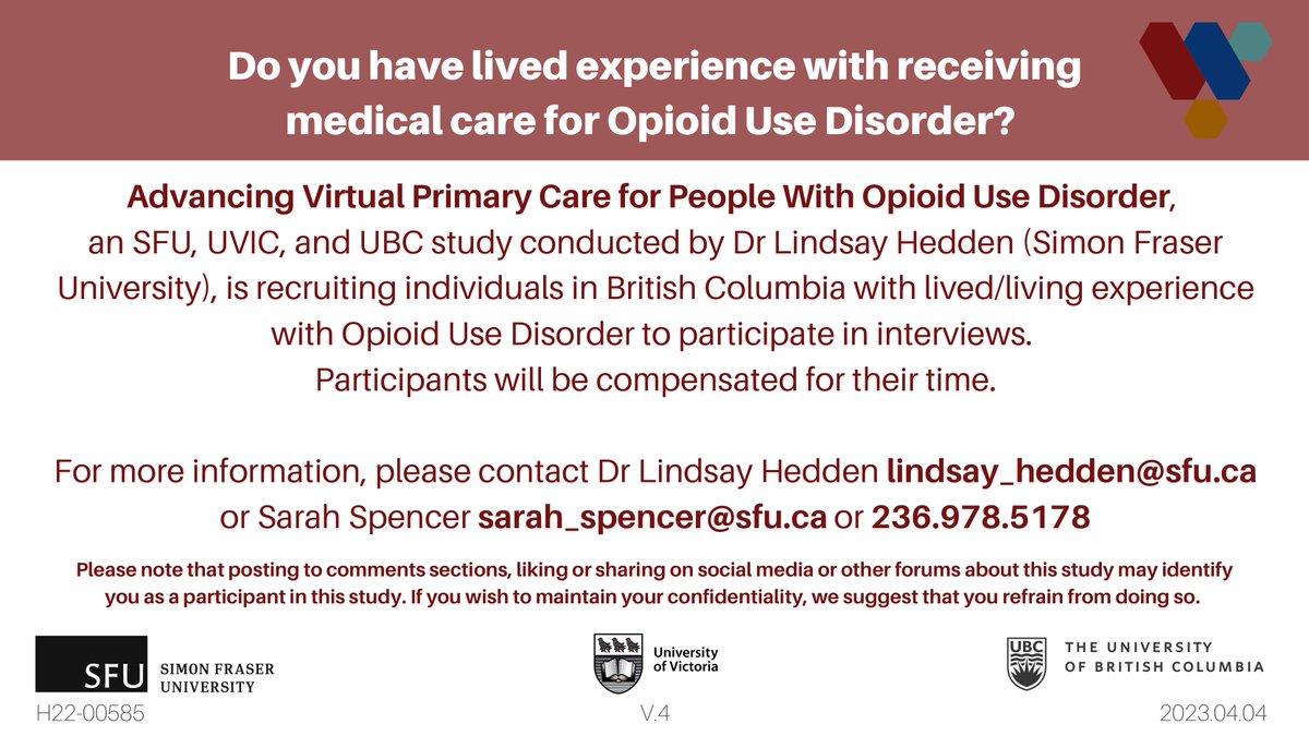 📢Recruitment Support Needed📢

We would like to speak with and hear from individuals who have an OUD diagnosis and are further along in their recovery journey.

📩Feel free to DM me or email me at Shawna(dot)Narayan(at)ubc(dot)ca.