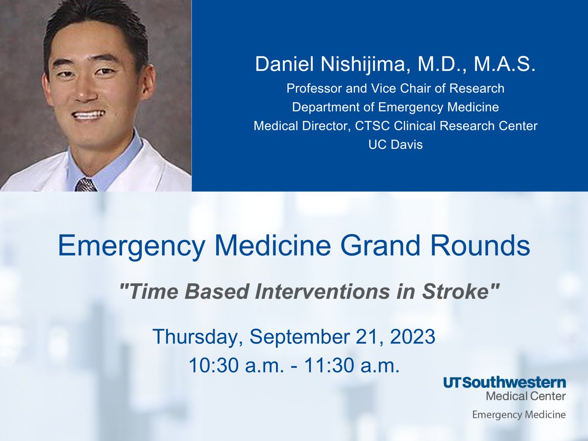 UTSW Emergency Medicine (@utsw_em) on Twitter photo Mark your calendar for this month's <a href="/UTSW_EM/">UTSW Emergency Medicine</a> Grand Rounds on Thursday, Sept. 21st as we welcome guest speaker Dr. Daniel Nishijima <a href="/UCDavisEM/">UC Davis Health Department of Emergency Medicine</a>. #emergencymedicine
Details and registration: events.utsouthwestern.edu/event/emergenc… Mark your calendar for this month's <a href="/UTSW_EM/">UTSW Emergency Medicine</a> Grand Rounds on Thursday, Sept. 21st as we welcome guest speaker Dr. Daniel Nishijima <a href="/UCDavisEM/">UC Davis Health Department of Emergency Medicine</a>. #emergencymedicine
Details and registration: events.utsouthwestern.edu/event/emergenc…