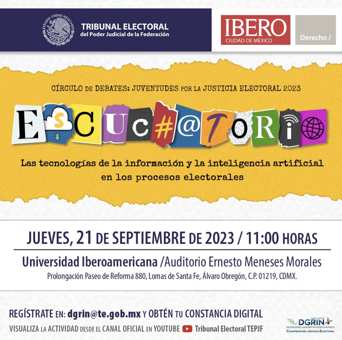 🔷Te invitamos a ver la transmisión #EnVivo del “Escuchatorio: Las tecnologías de la información y la inteligencia artificial en los procesos electorales”.

🗓️21 de septiembre, ⏰11:00 h.

▶️Conéctate a través del siguiente enlace: youtube.com/live/uCfZhjSSM…