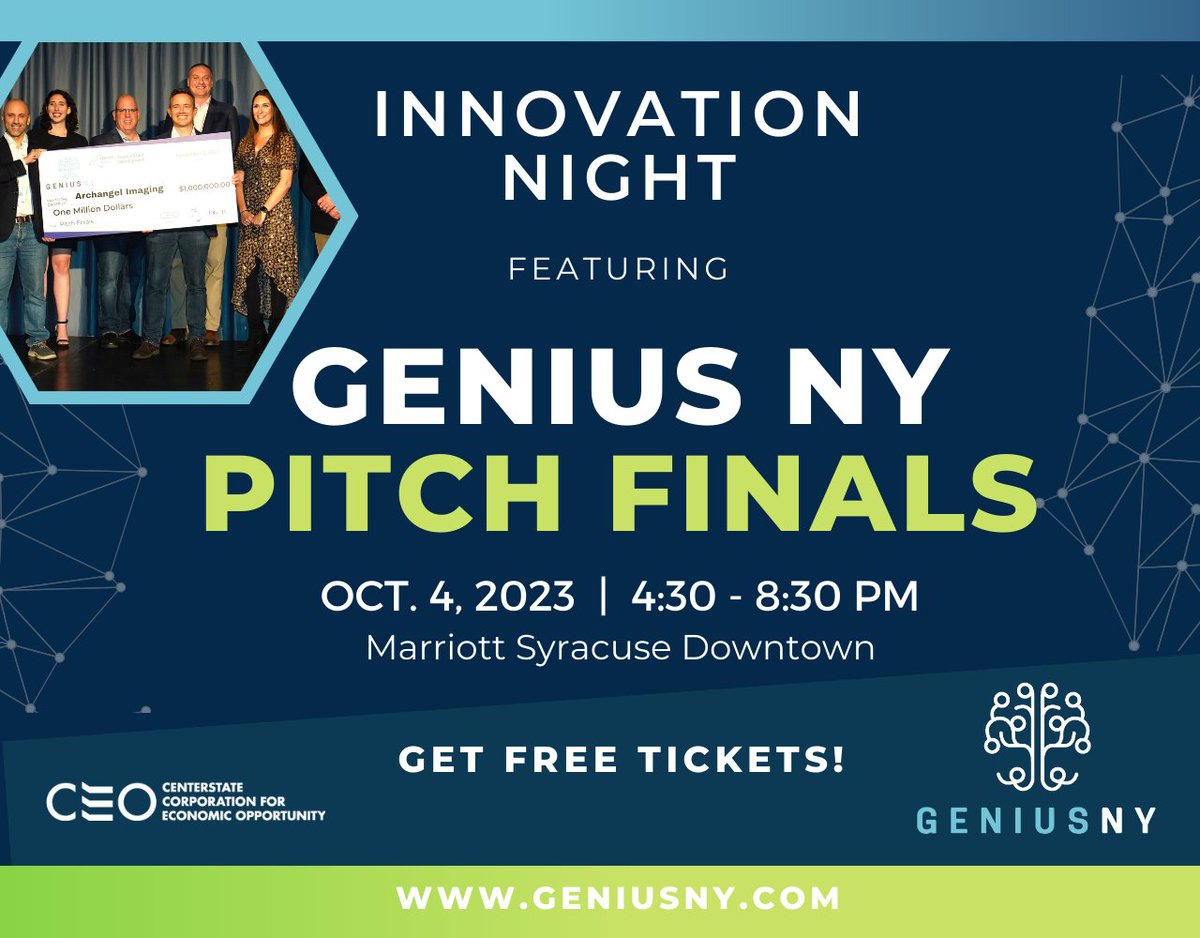 GENIUSNYProgram's tweet photo. Now's the time to get your FREE TICKETS to the most exciting night of the year in #DowntownSyracuse! Join us at Innovation Night ft. #GENIUSNY Pitch Finals to see who will take home the $1 million prize π https://t.co/nH5igrFVWh
#cnytech #entrepreneurs #startups #UAS #drones https://t.co/I0j9P5VJ6s