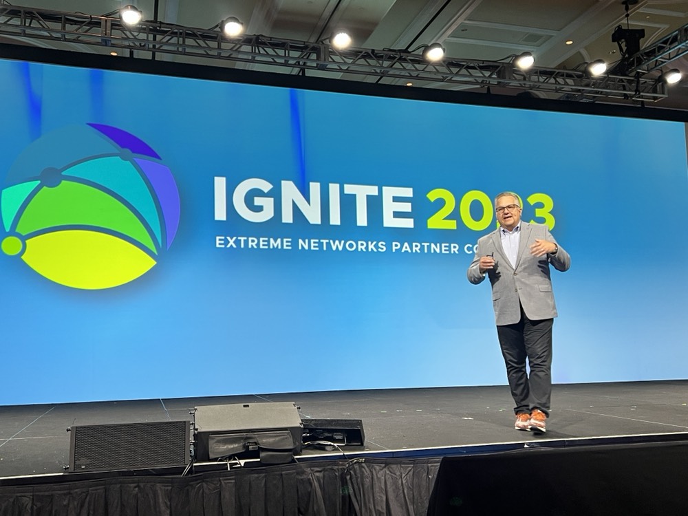 ExtremeNetworks's tweet photo. It’s time to ignite your business! Extreme CMO @WDurow showcases how resellers can drive demand, expand into new markets, and seize market share from the competition during #ExtremeIgnite. #channelpartners https://t.co/lCwa65YsFf